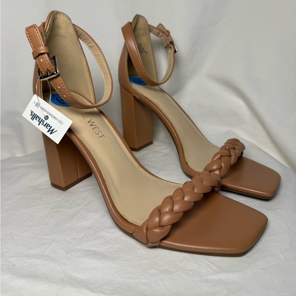 Nine West Allha 3 Braided Strap Chunky Heels in Macaroon Tan 6.5 - Picture 5 of 13